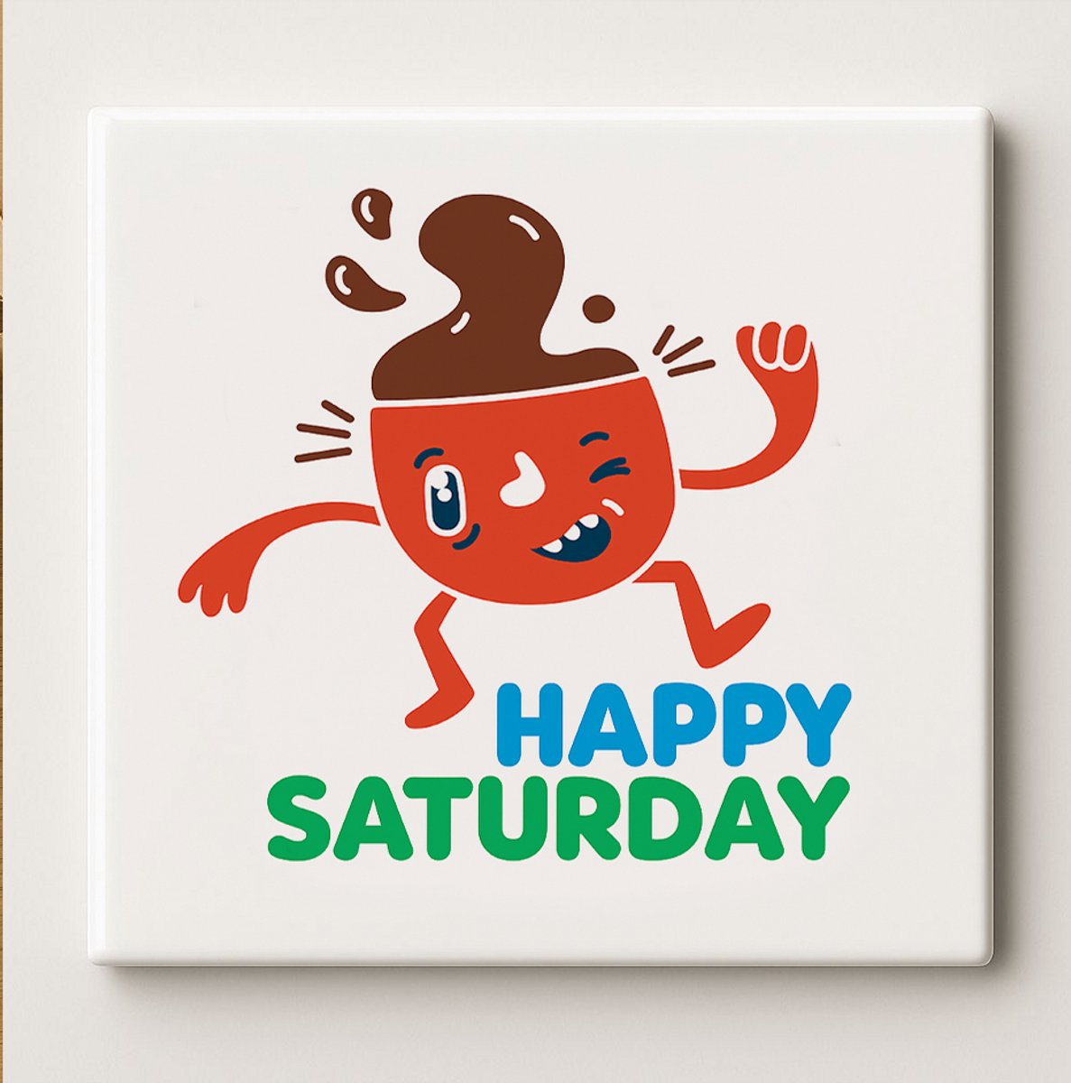 Nevolis Happy Saturday Grappige Cartoon Koffie Tegel – 15x15cm Decoratieve Keramische Wandtegel voor Keuken of Kantoor Multi Color