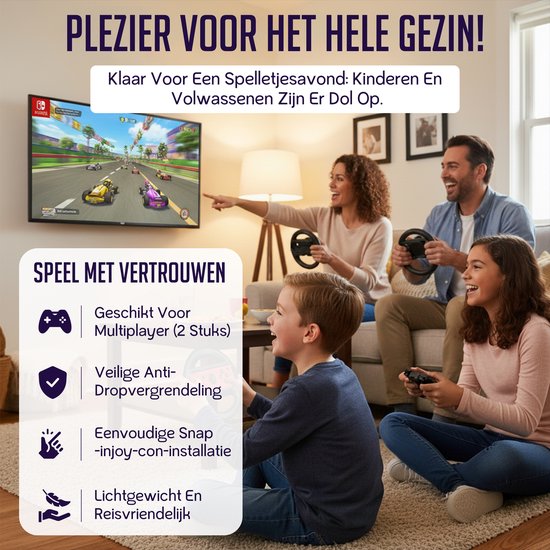 Familie speelt racegame op de Switch. Een zoon wijst naar het scherm, de dochter en ouders spelen met controller en stuurwiel.