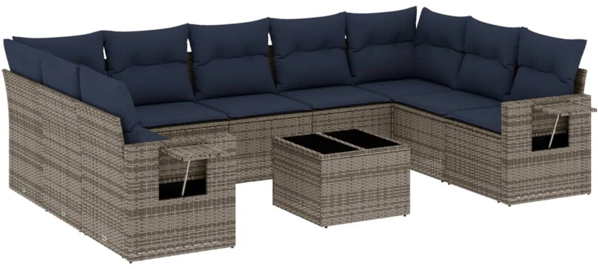 vidaXL - 10-delige - tuinbankset - met - kussens, - grijs - polyrotan