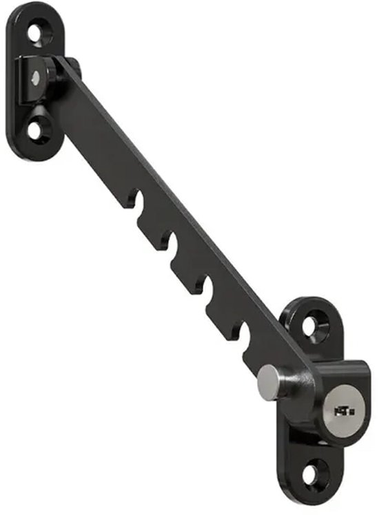 Zwarte raamgrendel met slot, bestaande uit twee bevestigingsplaten en een verstelbare, gekartelde arm.