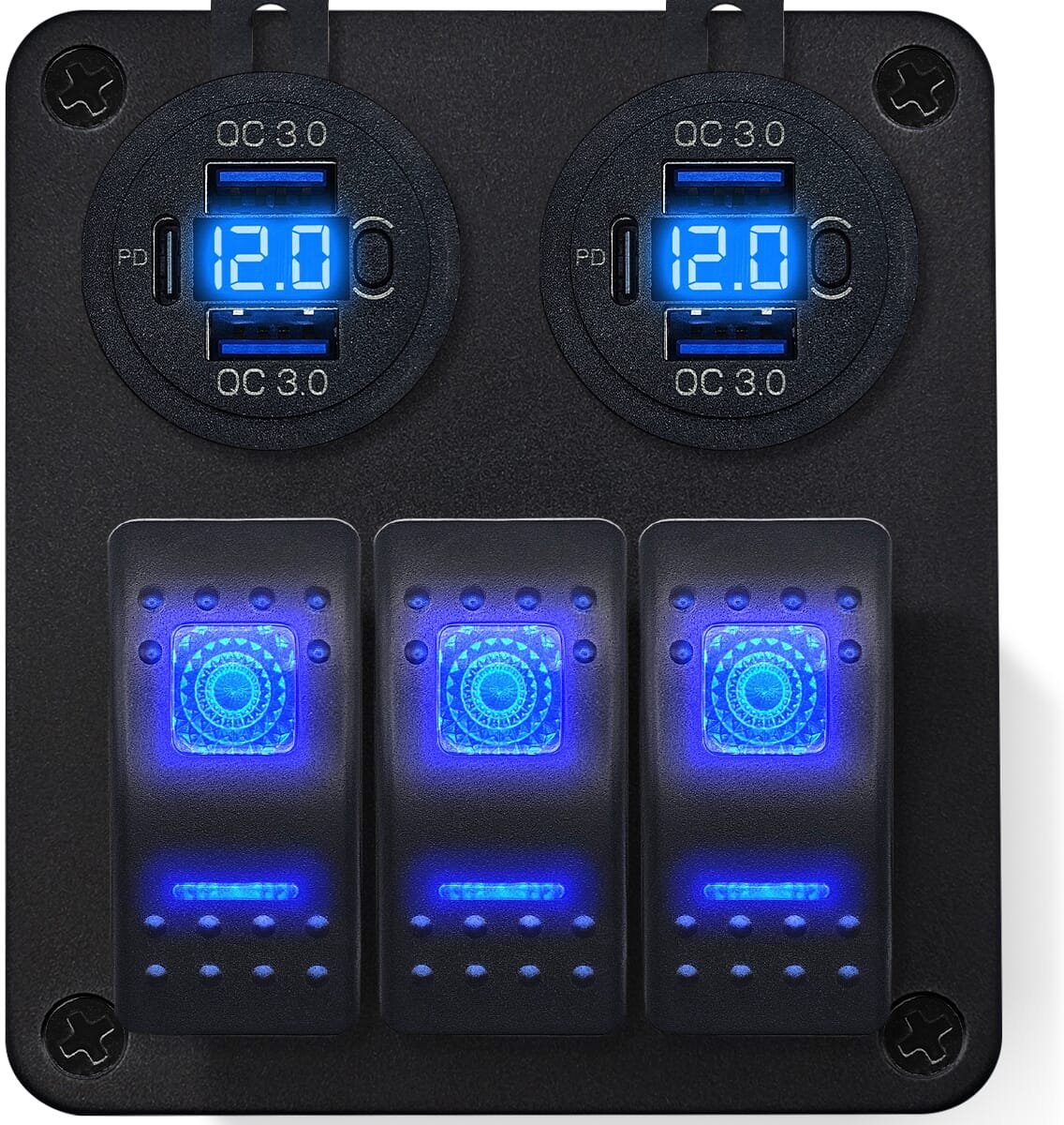 ProRide Schakelpaneel 12V voor Auto/Boot - USB C Stopcontact 6 Poorten met Schakelaar/Voltmeter - QC3.0 - 3 schakelaars - Blauw