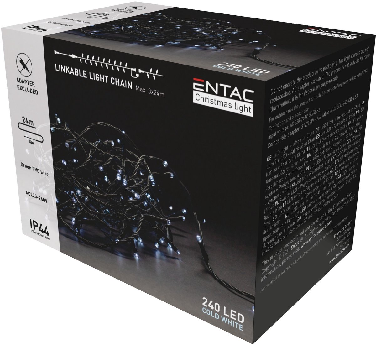 Entac LED Lichtsnoer Kerst 24m - Zonder Adapter - Kerstverlichting voor Buiten en Binnen - Koppelbaar - Daglicht Wit
