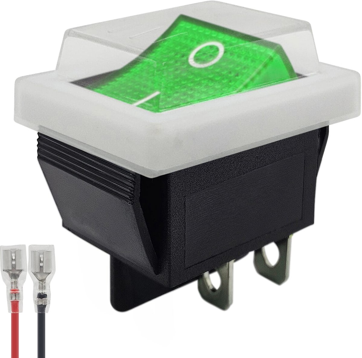 ProRide Wipschakelaar ON-OFF KCD4-202 - met Wit kapje en Aansluitkabel - 2 Polig - 250V/16A - 30x22mm - Groen zonder lampje