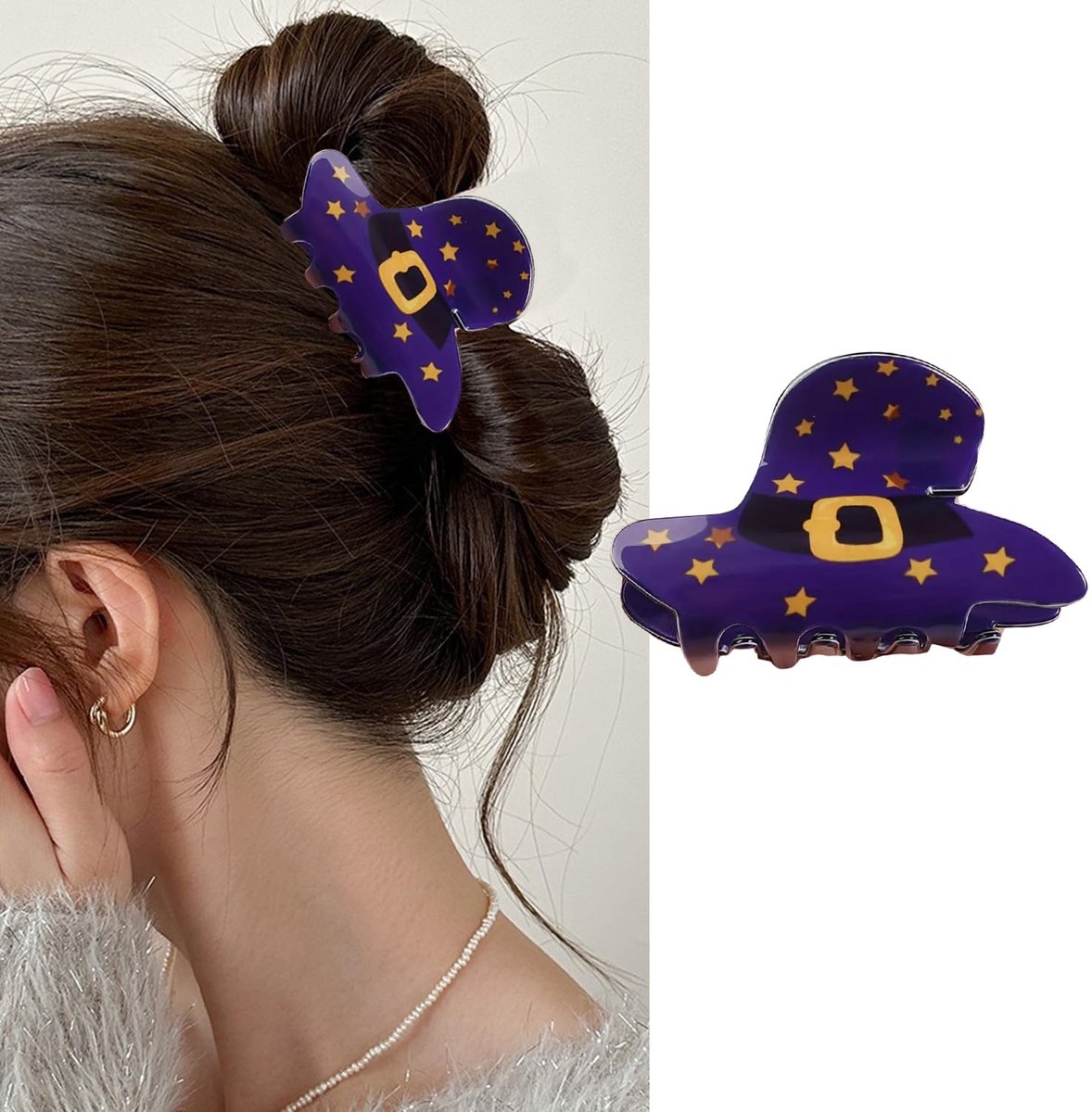 Daity Halloween heksenhoed haarspeld - schattige paarse acryl hoed haarspeld - grappige kleine gele ster heksenhoed haarspeld - antislip haarklem - Halloween feestdecoratie benodigdheden geschikt voor vrouwen en meisjes