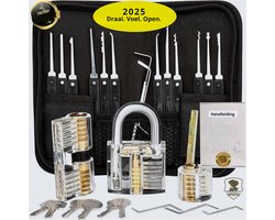 2025 Versie – 28-delige Lock Pick Set – 3 transparante oefensloten – Handleiding – opberg etui