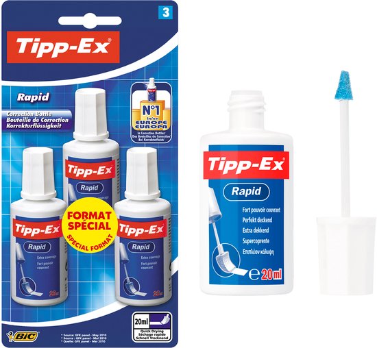 Tipp-ex Rapid - Correctievloeistof - Tippex Corrector met Schuimapplicator - Droogt snel - Inktwisser - 3 Stuks
