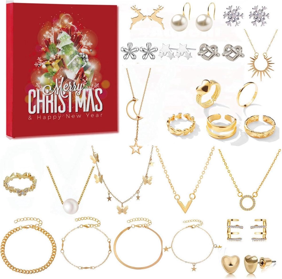 Juwelen Adventskalender voor Kerstmis – 24 Dagen Countdown met Charm Armbanden Kettingen en Ringen – DIY Sieraden Set voor Vrouwen en Meisjes – Perfecte Kerstcadeau 2026（ Rode blinde doos ）