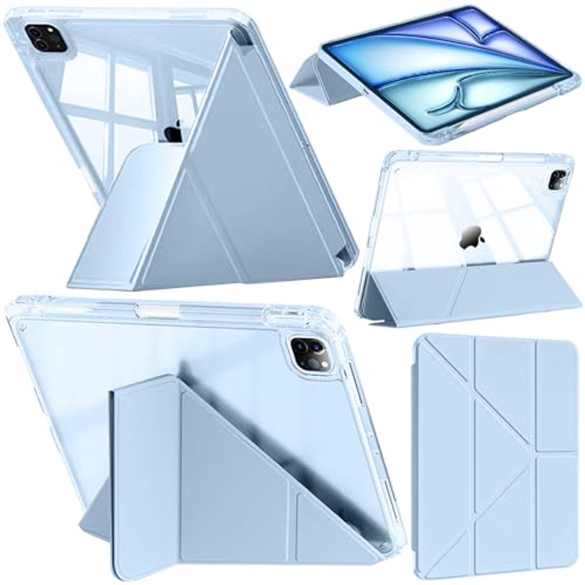 Case Compatibel met iPad Air 11 2024, iPad Air 5th/4th 2022/2020, iPad Pro 11 Inch (2018-2022) met Penhouder Transparante Hoes, 6-in-1 Standdekking, Automatisch Wekken/Slapen, Hemelsblauw