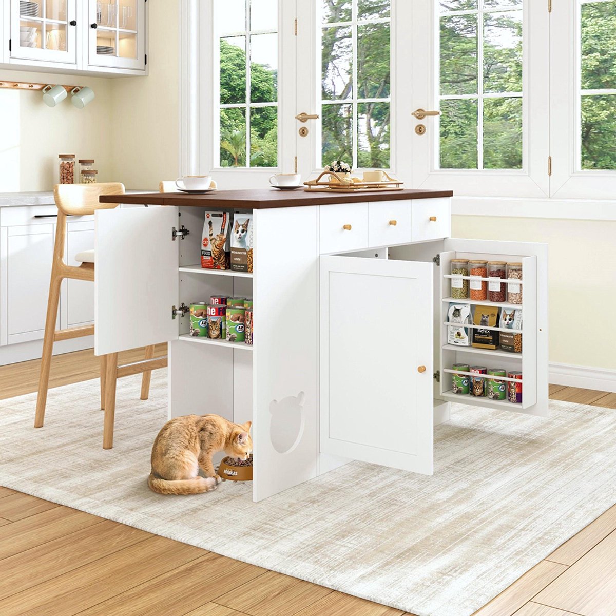 BLACKCOLORS - Keukeneiland - Keukentrolley & dressoir met lades - Uitschuifbaar werkblad - Kruidenrek - Voederplaats voor huisdieren (zonder kattenbak) - Wit + notenkleur - 120×(40+30)×90 cm