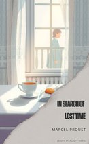 Boekkaft: In Search of Lost Time door Marcel Proust, met een illustratie van een kind bij een raam en een kopje thee op tafel.