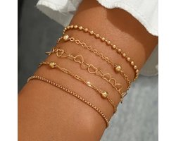 Set van 5 goudkleurige armbanden voor dames – fijne schakelarmbanden met hartjes, bolletjes en gedraaid design – minimalistische dames armbandenset