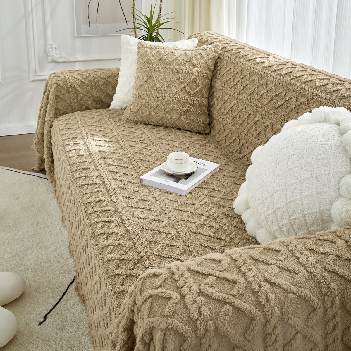 Qelus Bankhoes Pluche Jacquard 280gsm - 180x260 cm - Zacht & Knuffelig - Bankbescherming - Gemakkelijk te Reinigen - Voor Woonkamer en Slaapkamer - Koffie