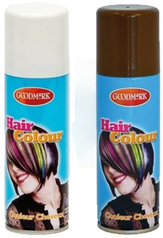 Twee blikken Goodmark haarkleur spray, één wit en één bruin. Op beide blikken staat een vrouw met felgekleurd haar.