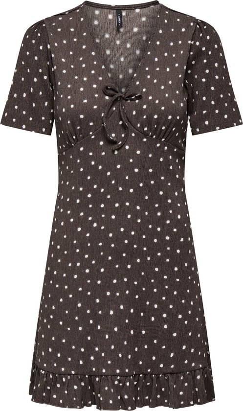 Robe marron à pois blancs, manches courtes bouffantes, détail de nœud et volants à l'ourlet.
