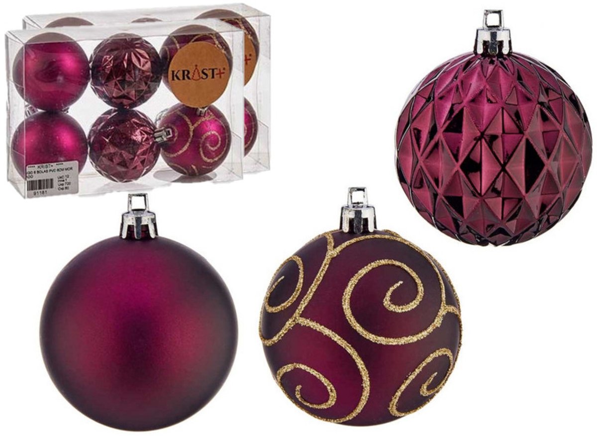 Krist+ gedecoreerde kerstballen -18x st - wijn rood/bordeaux- kunststof - 6 cm
