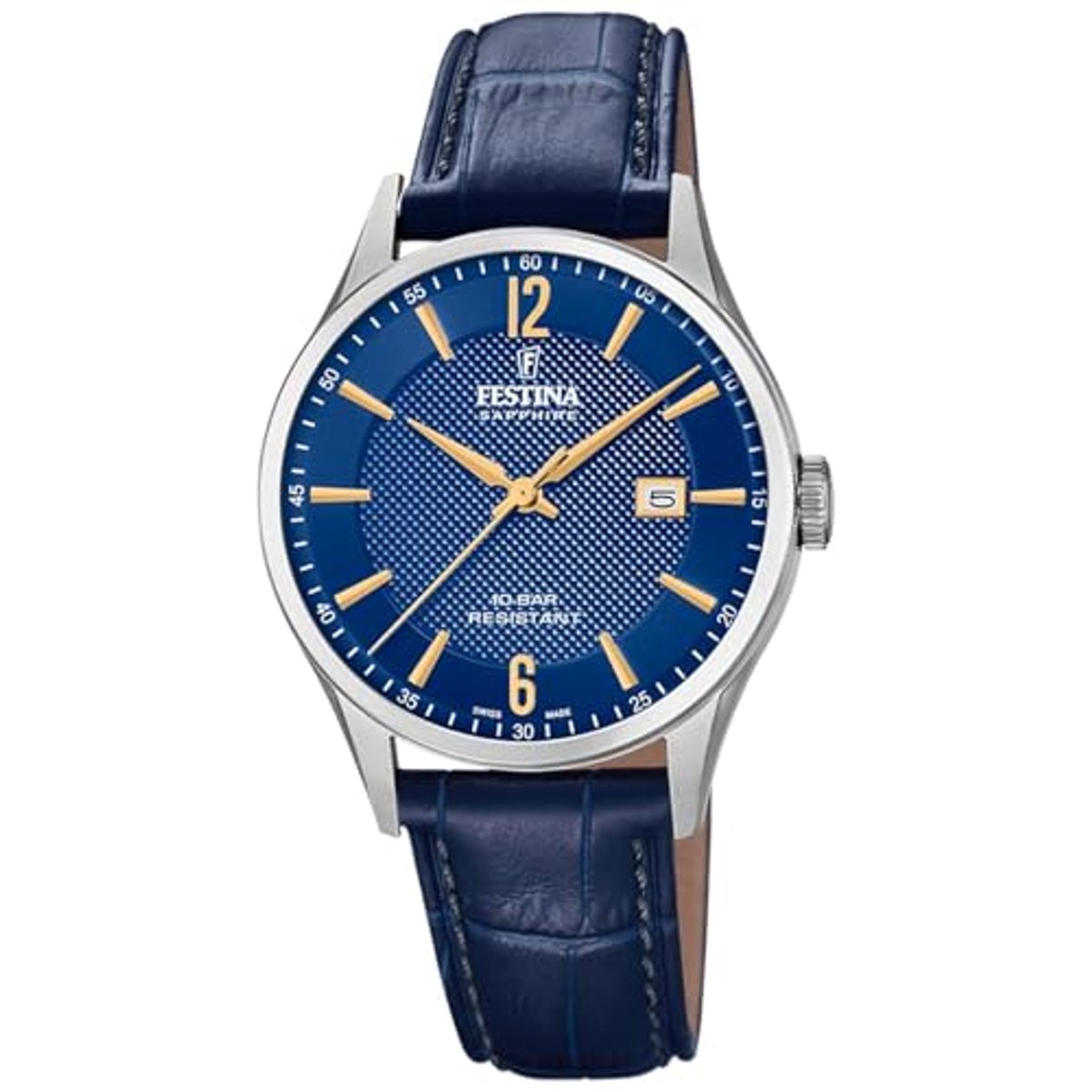 Festina Watch for men F20007-3 Swiss Made silver stainless steel case blue leather strap, blue-silver-gold, groß, bracelet, blue-silver-gold, strappy