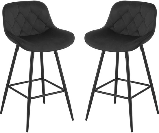 Set de 2 Tabourets de bar en velours - Chaises de bar rembourrées avec dossier - Béquilles ergonomiques pour bar, îlot de cuisine et salle à manger - Design velours - Chaises de cuisine - Zwart