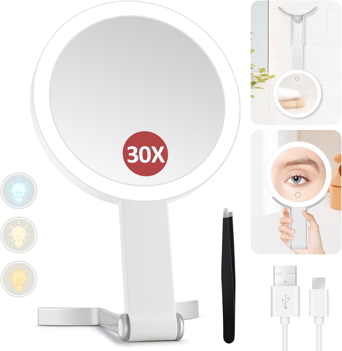 Ynkkvre -Verlichte Make-up Spiegel 30x Vergroting – Draagbare Dubbelzijdige Spiegel met Handvat en Ophanghaak, Instelbare Helderheid, Ideaal voor Reizen en Thuisgebruik