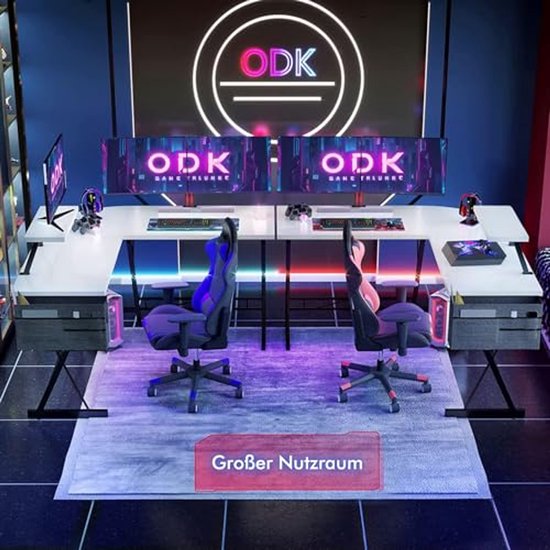 ODK Gaming tafel, gamingbureau hoekbureau voor gamers, bureau L-vorm met monitorstandaard voor kantoor (Wit, 127 x 127 cm) van ODK — afbeelding 2