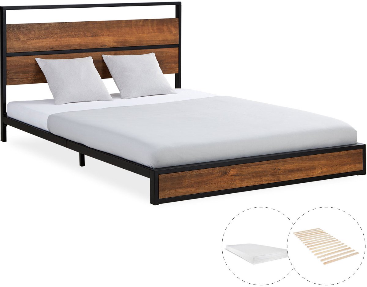 Homestyle4u Metalen bed - 140x200 cm - Tweepersoonsbed - met matras - Zwart en Bruin