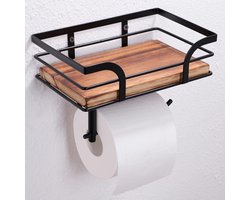 WC rolhouder-WC rol houder-Toiletrolhouder -Rustieke toiletrolhouder in boerderijstijl - met plank - met warme bruine houten plank - voor het lezen van de telefoon - Zwart metaal