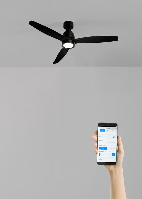CREATE - Plafondventilator 40W silent 100% hout - Zwart - Ø112cm - Met licht - WIFI + Afstandsbediening - WIND STYLANCE