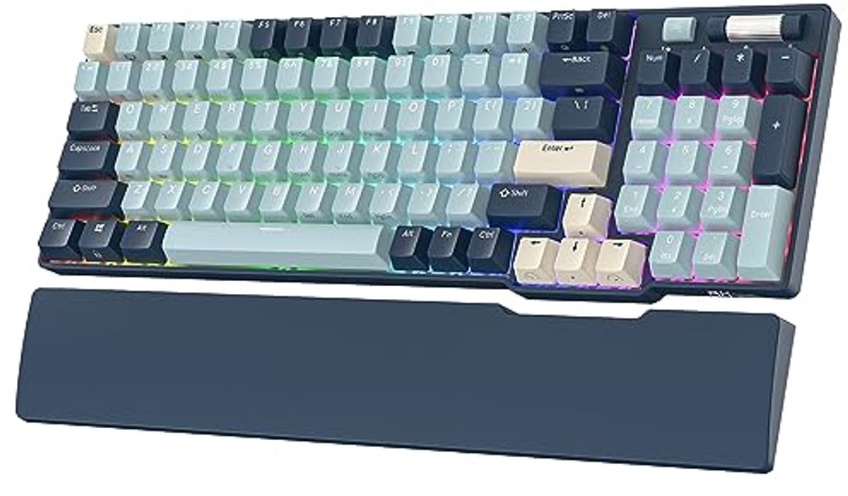RK ROYAL KLUDGE RK96 RGB Ed. Limited, 96 toetsen, draadloos, Bluetooth 5.0/2.4G/USB-C mechanisch hot-swap-toetsenbord met softwareondersteuning, gele schakelaar, bosblauw, US QWERTY