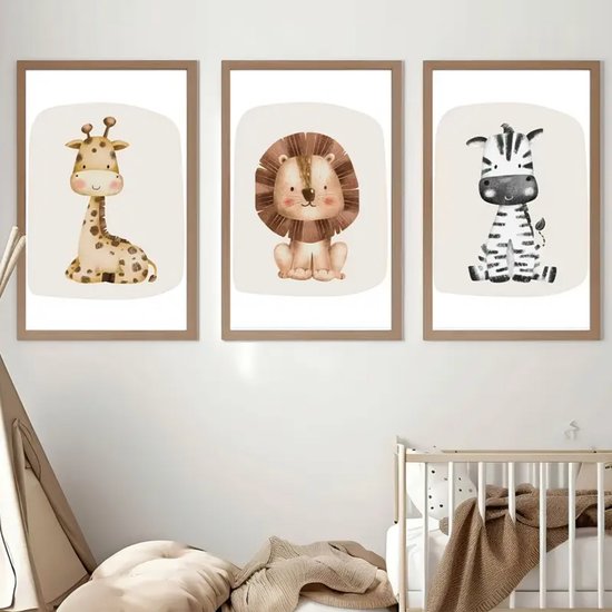 Set de 3 toiles « Girafe, Lion et Zebra» - 30x40 cm - sans cadre - Posters sur toile - Chambre de bébé - Chambre enfant - Lion - Zebra - Girafe - Décoration murale - Garçon - Fille - Animaux de dessin animé