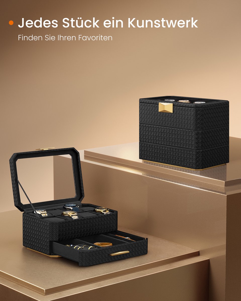 Horlogebox 3 Lagen - Luxe Horloge Opbergdoos 8 Horloges - 16,3x27,3x20,5 cm - PU Leer Glas - Stapelbare Horlogekist met Zwevend Effect - Inktzwart - Industrialhome RONNE Collectie