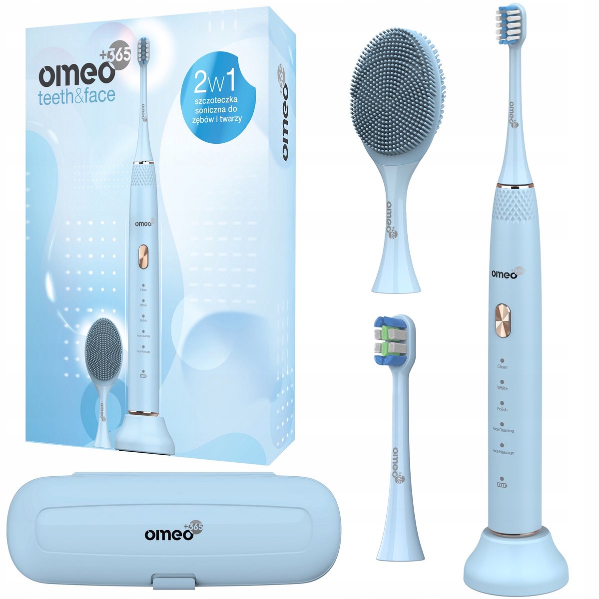 Omeo +365 Teeth&Face Blauw - Sonische Tandenborstel & Gezichtsborstel - 96000 trillingen - 5 programma's - 60 dagen batterij