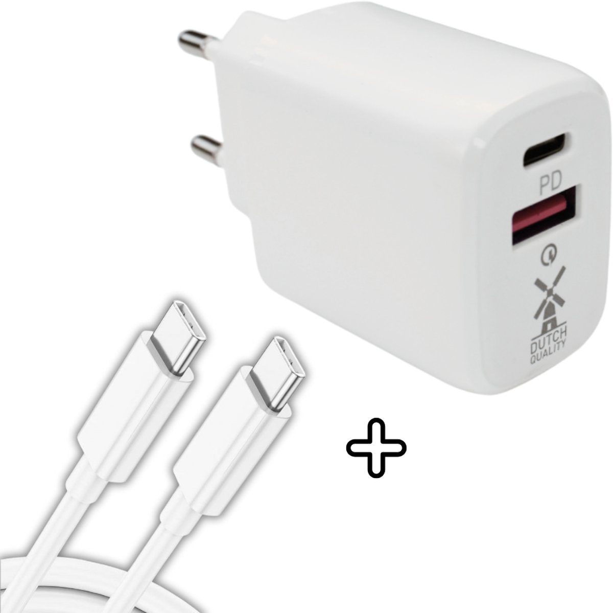 Dutch Quality® USB C 30 Watt Adapter oplader USB stekker MET 1 meter USB C naar USB C kabel - Telefoon en tablet oplader - Snellader - USB-C PD Fast Charge - USB-A Quick Charge 3.0 - Oplaadblok USB - Wit