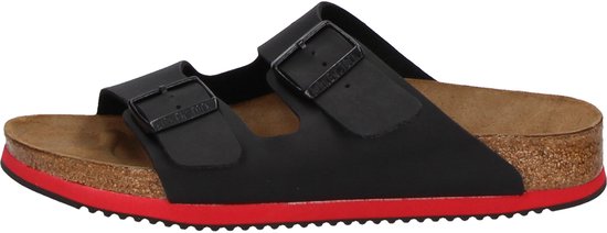 Sabot de travail noir Birkenstock Arizona SL avec deux boucles sur une bordure de semelle rouge.