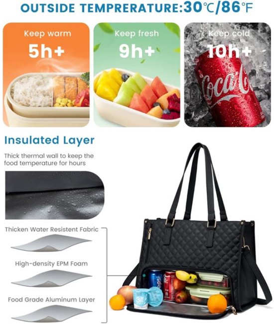 Niet-voedselcontact, 2-in-1 lunch- en reistasset met lekvrije geïsoleerde koeltas en opbergvak, multifunctionele handtas, lunchtas voor terug naar school（Khaki） — afbeelding 4