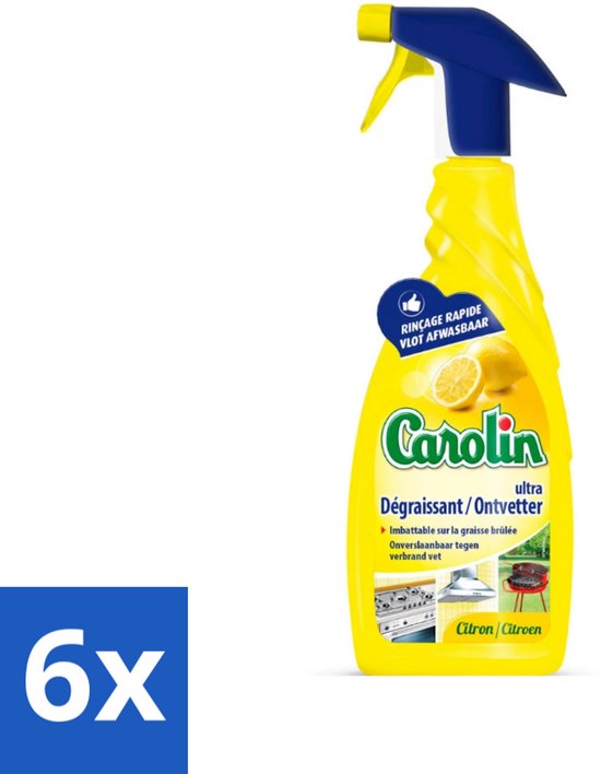 6 x Carolin - Keukenreiniger - Spray Ultra Ontvetter Citroen - 650 ml - Keukenreiniger - Ontvetter - Citroen - Vetvlekken - Keukenspullen