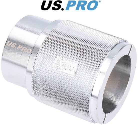 Zilverkleurige metalen houder met grip, 'US.PRO' en 'US.PRO' erop.