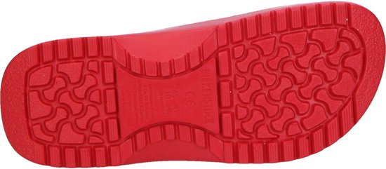 Zool van een rode Birkenstock werkklomp met profiel.