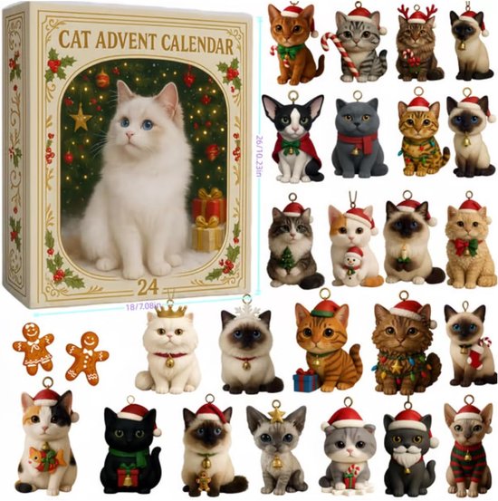 Kerst Adventskalender - 2025 Adventskalender voor kattenliefhebbers - 24-daagse aftelkalender voor Kerstmis - Wordt geleverd met 24 schattige kerstkattenbedels van acryl - Kerstboom 2D-ornamenten van acryl - Woondecoratie met dierenthema