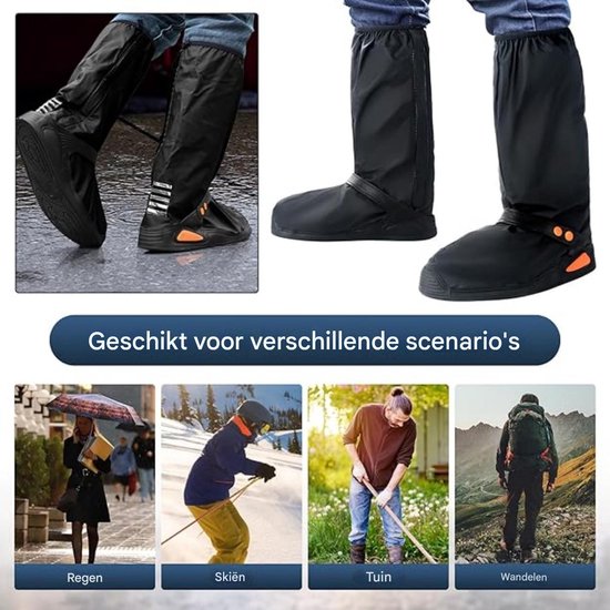 Zwarte hoge regenlaars-overtrekken met reflecterende strepen, ideaal voor regen, skiën, tuinieren en wandelen.