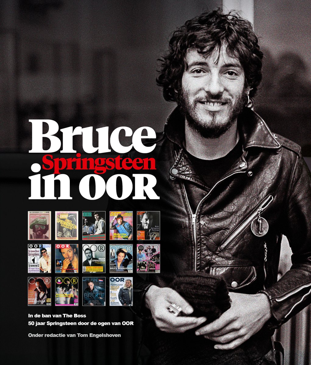 Zwart-wit foto van Bruce Springsteen in leren jack met tekst en kleine covers van OOR magazine.