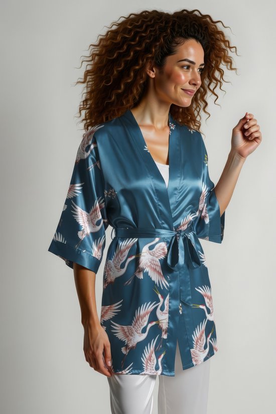 TA-HWA - Dames Kimono Kort- met Kraanvogels - Turquoise - Maat S