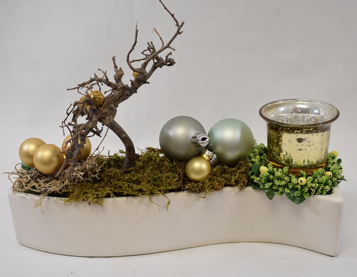 ZoeZo Design - kerststukje - kerststuk - kerstdecoratie - kerstversiering - met waxinelichtjeshouder - aardewerk potje - wit - goud - groen - 26x19x7 cm