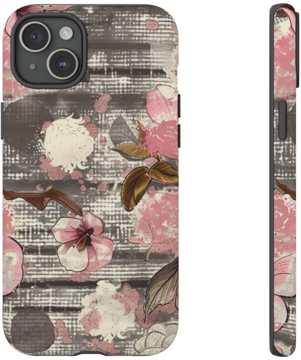 Roze en Bruin Bloemenpatroon – Telefoonhoesje Geschikt voor iPhone 15 Plus