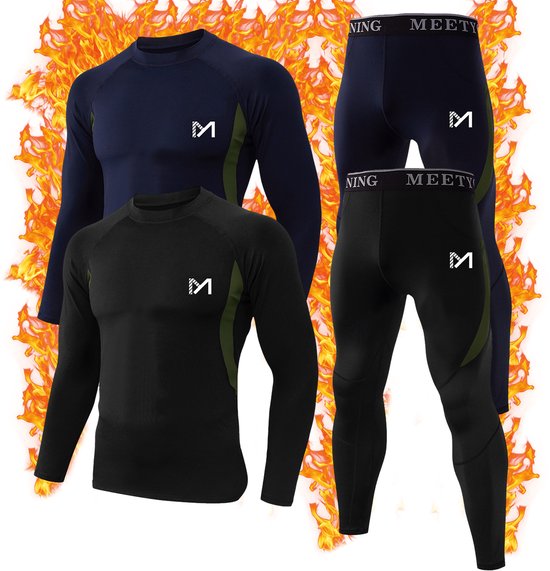 MEETHOO 4 Stuks/2 Sets Thermo Ondergoed Set voor Heren - Thermokleding Set - Thermobroek + Thermoshirt - Wintersport kleding - onderkleding-Zwart/Blauw-S