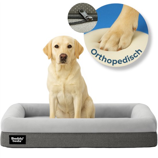 Buddy Beds Orthopedische Hondenmand Large 100cm – Luxe Hondenbed & Kussen – Waterdicht, Wasbaar & Anti-slip – Hoes met Rits – Grijs – LARGE – 94x74x20 cm
