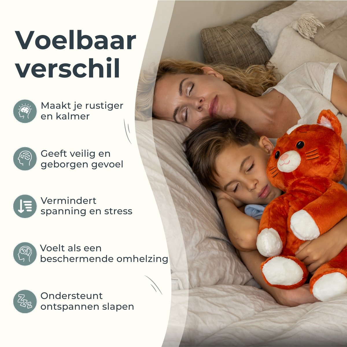 Verzwaringsknuffel Met Hartslag - Kiki de kat - 53cm / 2kg - Verzwaarde Knuffel - Weighted Stuffed Animal - Troostknuffel - Slaapknuffel - Zware Knuffel - Rustgevende Knuffel met Heartbeat - Troostknuffel - Plushie - Voor Kinderen en Volwassenen — afbeelding 5