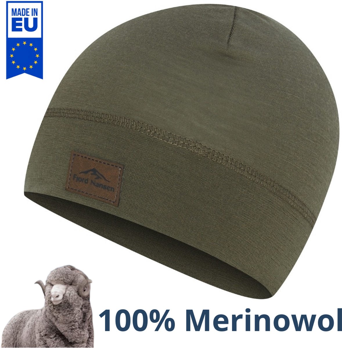 Fjord Nansen muts 100% Merinowol - one size - olijf - made in EU