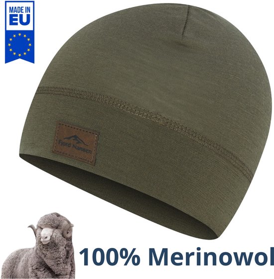 Fjord Nansen muts 100% Merinowol - one size - olijf - made in EU