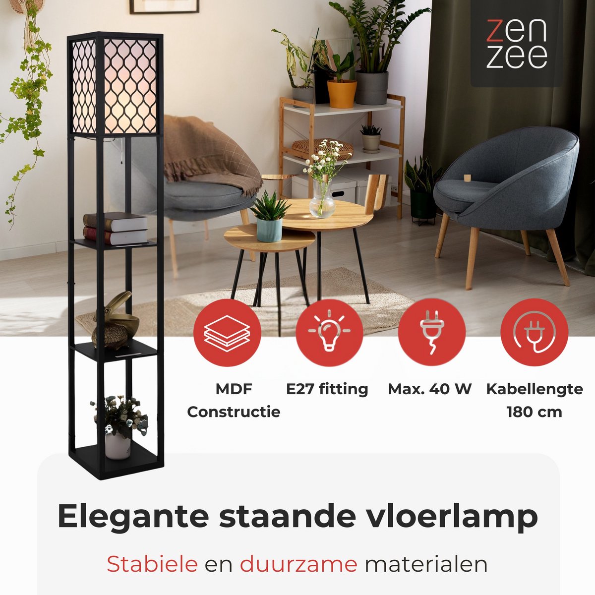 Vloerlamp - Staande lamp - Stalamp - Met opbergruimte - 26L x 26B x 160H cm - Zwart thumbnail 2