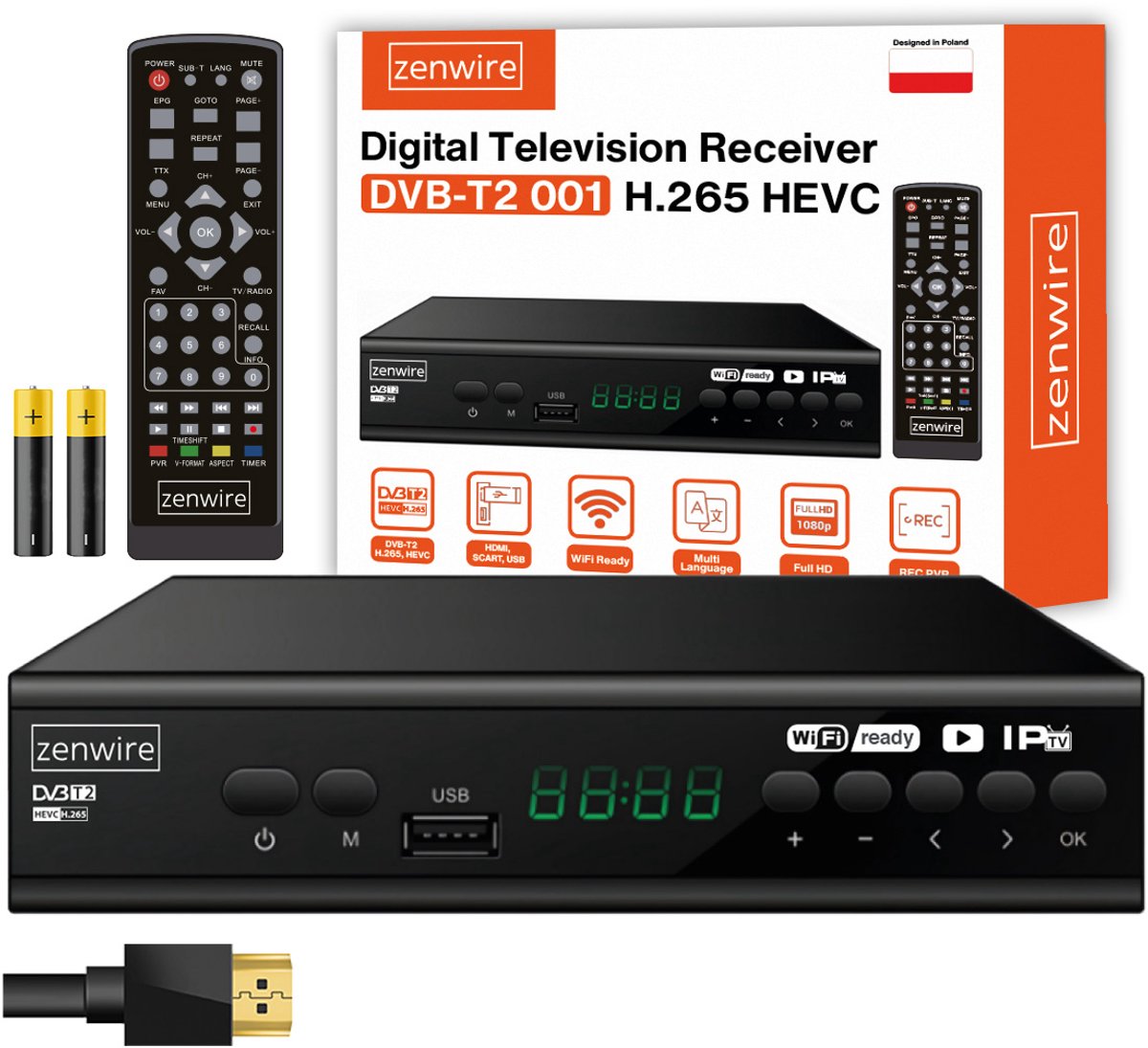 Zenwire DVB-T2 001 - Tuner DVB-T2 H.265 HEVC - Full HD - USB - HDMI - PVR - SCART (Euro-connector) - Afstandsbediening - Batterijen - Voeding - Satellietontvanger - TV-ontvanger