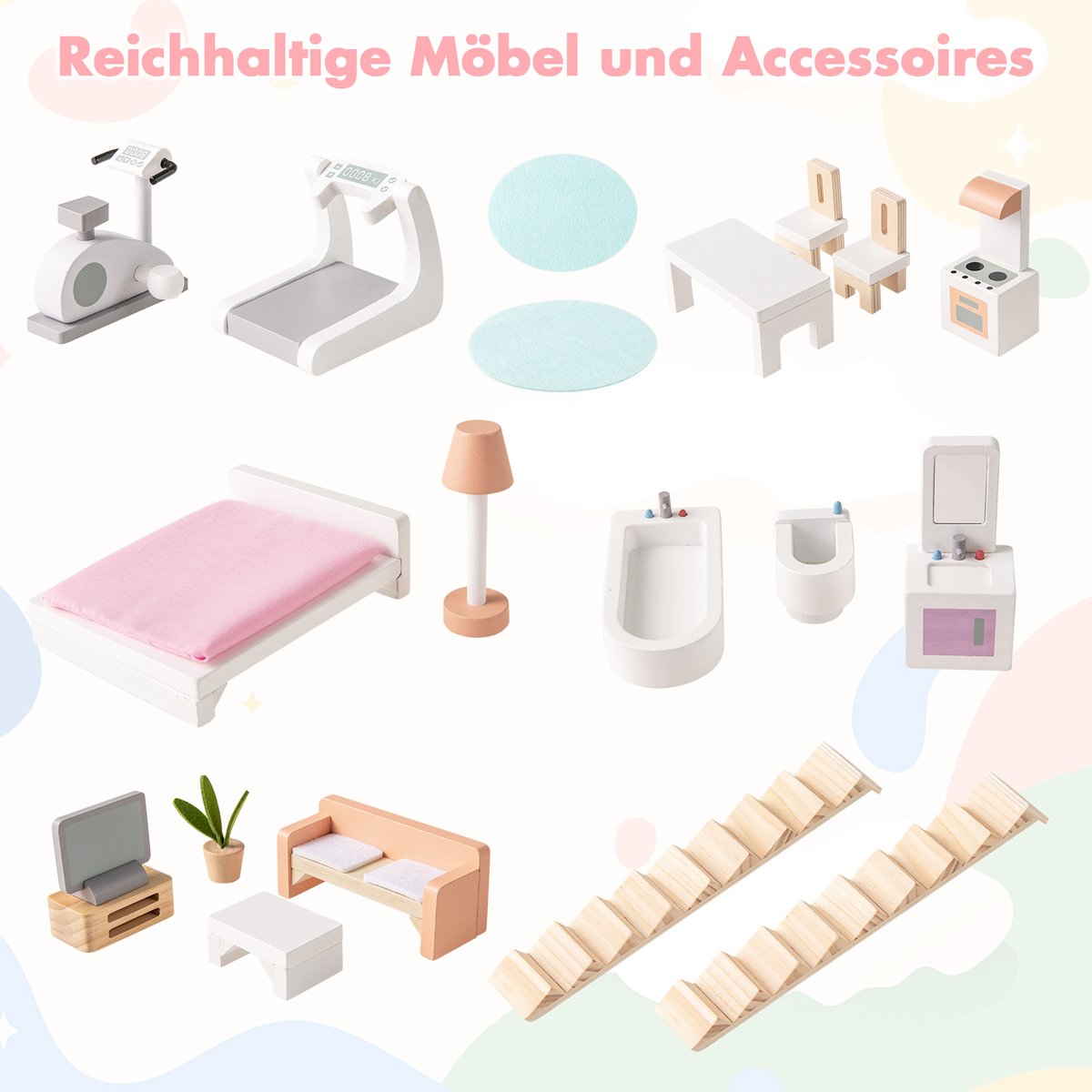 COSTWAY Houten poppenhuis met accessoires en meubels, 3 verdiepingen